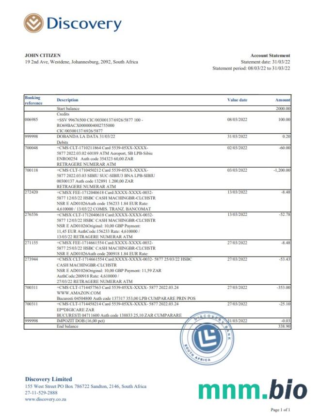 Wyciąg z banku Discovery w RPA, szablon Excel i PDF